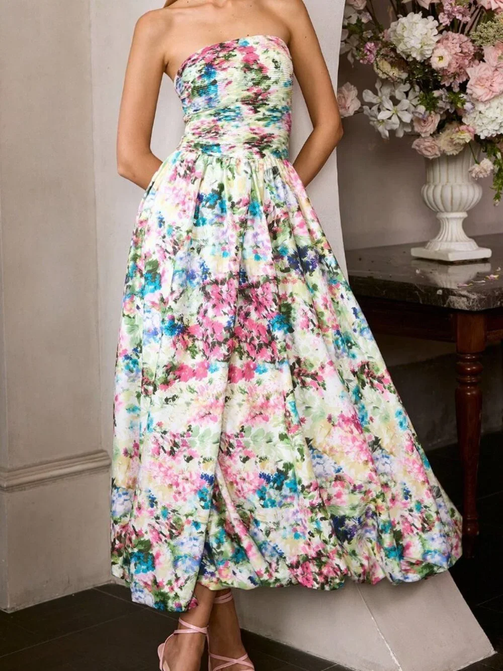 Multicolor Elegant Women's Floral Print Dress Wiith Bust Ruching - Picture 5 of 6